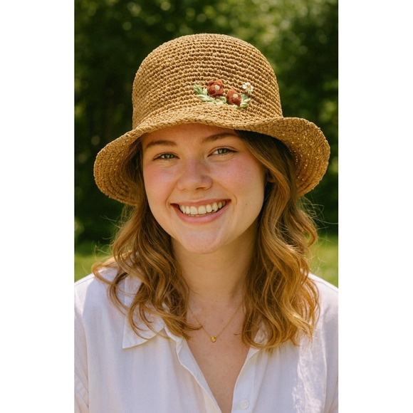 Accessories - Woven Straw Bucket Hat Floral Embellishment Flowers Summer Beach Vacation Women